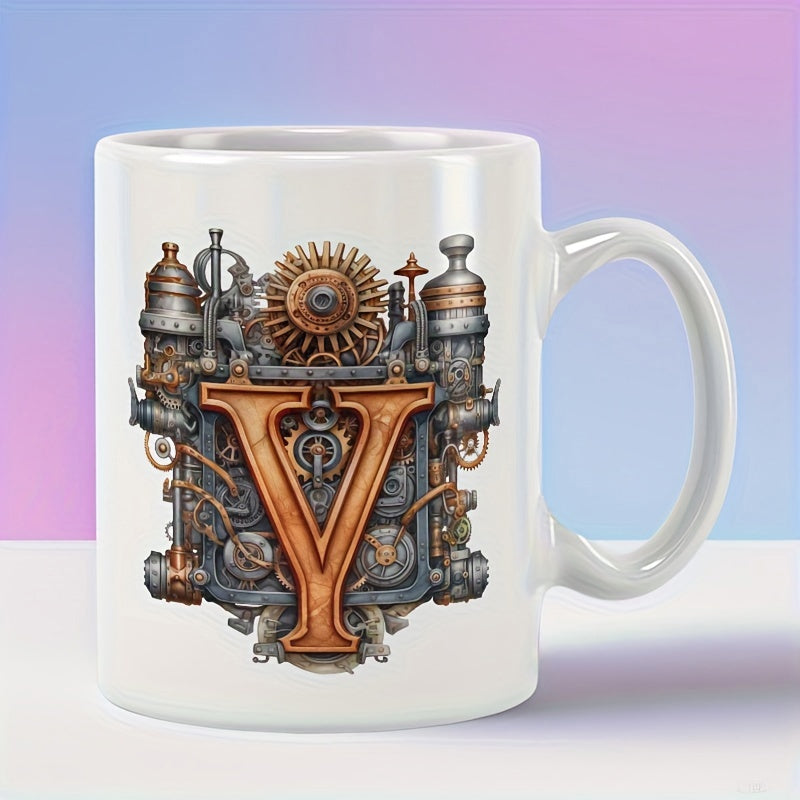 Tailorly White Ceramic 11 oz Mug - Y Ornate Industrial Mechanical Gears And Copper Pipes With Metallic Pistons Letter