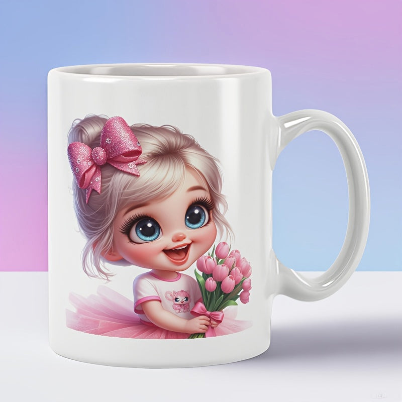 Tailorly White Ceramic 11 oz Mug - Charming Sweet Little Girl Wearing Pink Bow Holding A Beautiful Tulips Bouquet Girl
