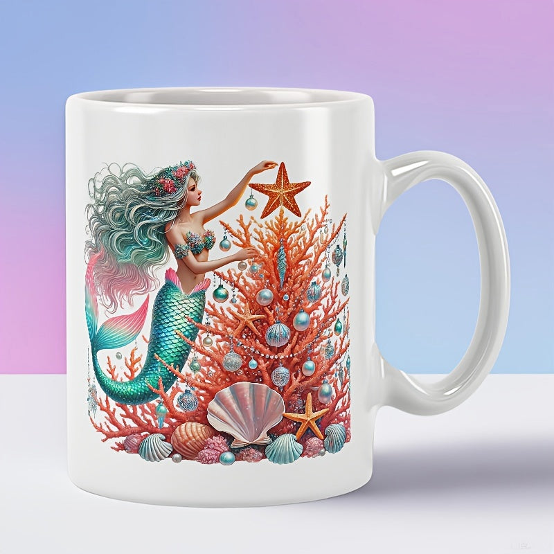 Tailorly White Ceramic 11 oz Mug - Graceful Underwater Scene Decorating Vibrant Festive Coral Tree With Starfish Mermaid