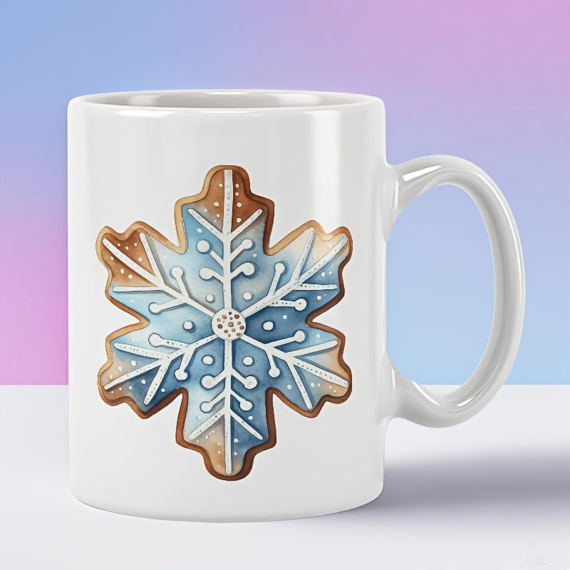 Tailorly White Ceramic 11 oz Mug - Iced Winter Snowflake Shaped Cookie With Intricate Blue And White Frosting Gingerbread