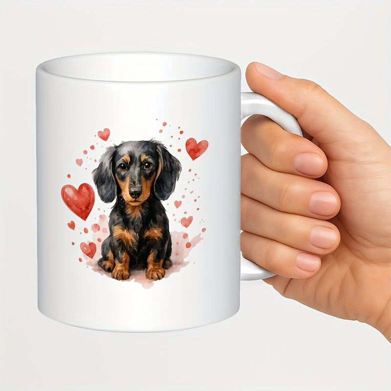 Tailorly White Ceramic 11 oz Mug - Adorable Sitting Long Haired Dog Surrounded By Vibrant Red Watercolor Hearts Dachshund