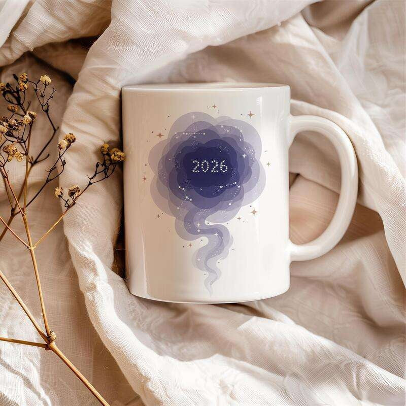 Tailorly White Ceramic 11 oz Mug - 2026 Swirling Purple Ethereal Nebulous Pattern With Twinkling Stars And Cosmic Cloud