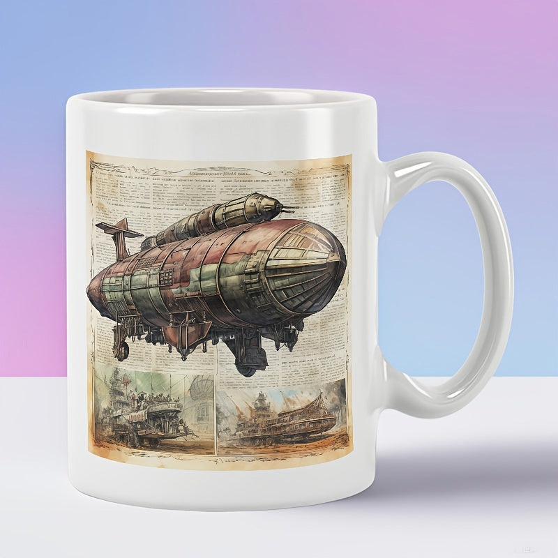 Tailorly White Ceramic 11 oz Mug - Vintage Steampunk Illustration Soaring High Among Industrial Clouds On Aged Paper Airship