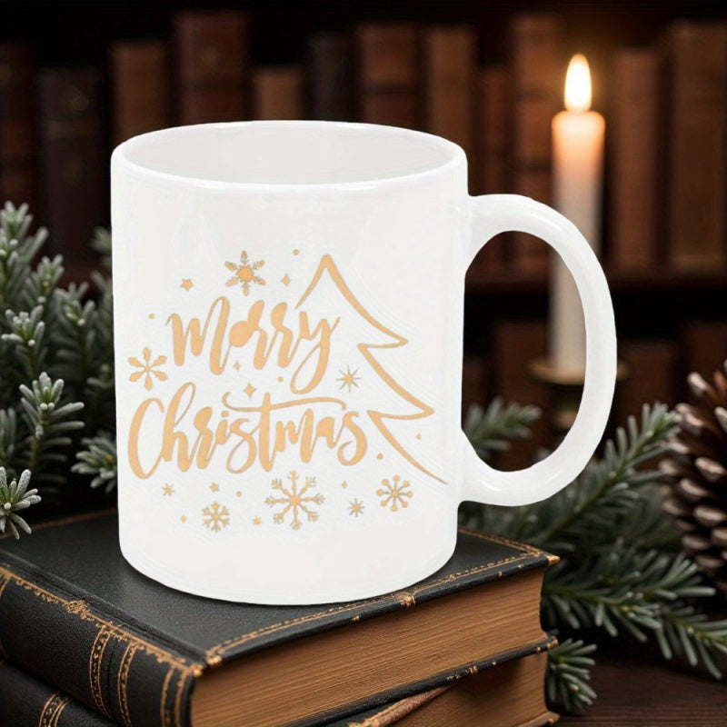 Tailorly White Ceramic 11 oz Mug - Merry Christmas Elegant Gold Minimalist Silhouette Surrounded By Delicately Scattered Snowflakes Tree