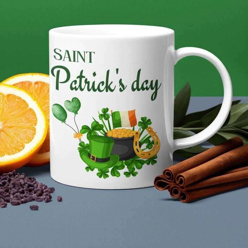 Tailorly White Ceramic 11 oz Mug - Saint Patrick Day Festive Green Top Hat With Pot Of Gold And Lucky Shamrocks Mug