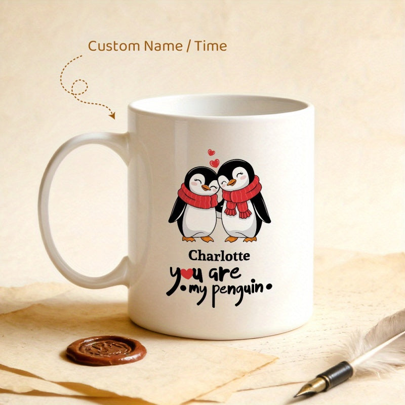 Tailorly White Ceramic 11 oz Mug - Charlotte You Are My Penguin Adorable Couple Of Cartoon Penguins Wearing Red Scarves In Winter Penguin