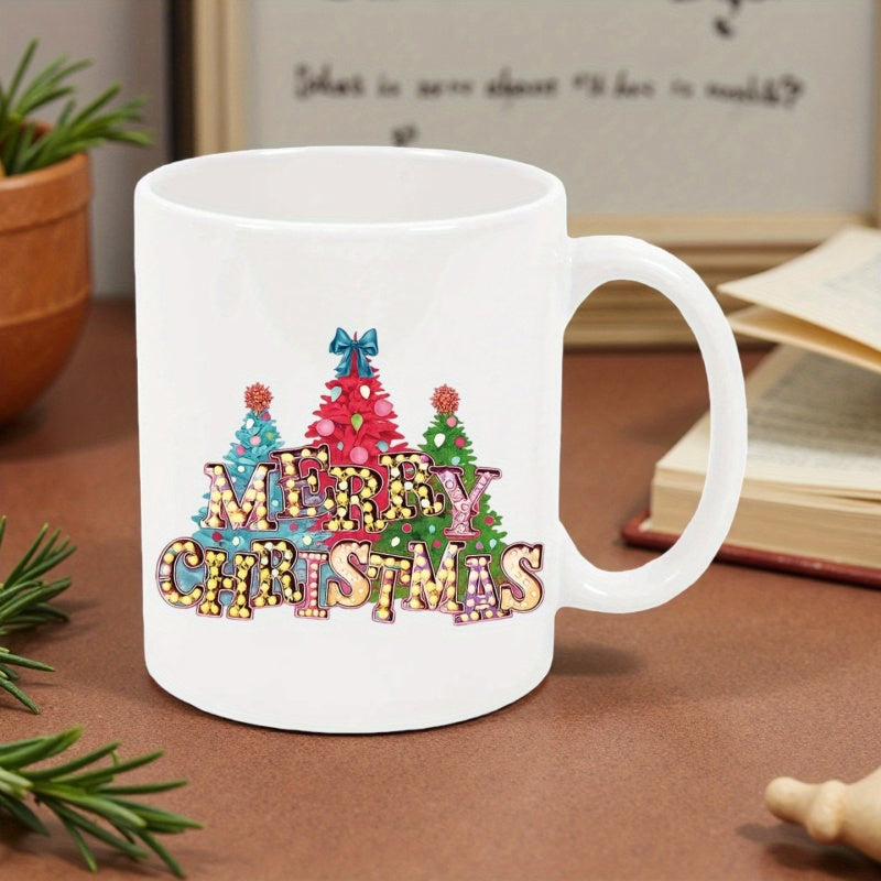 Tailorly White Ceramic 11 oz Mug - Merry Christmas Three Festive Decorated Trees With Sparkling Lights And Bow Tree
