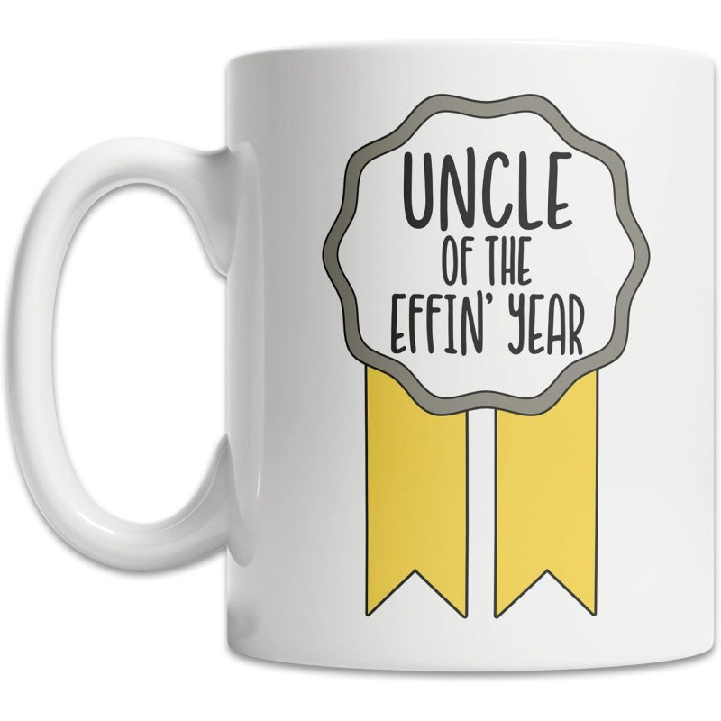Tailorly White Ceramic 11 oz Mug - Uncle Of The Effin Year Decorative Reward Medal Graphic With Hanging Yellow Ribbons Badge