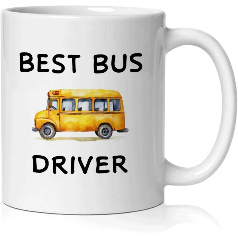 Tailorly White Ceramic 11 oz Mug - Best Bus Driver Vibrant Watercolor Style Yellow Vehicle Moving Across A Minimalist Background Bus
