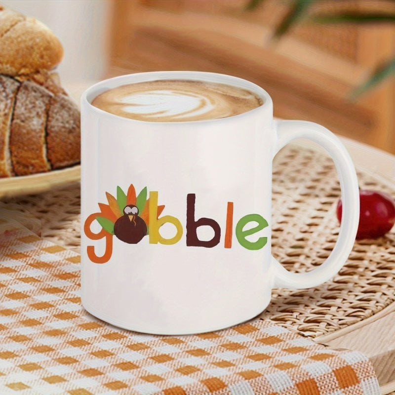 Tailorly White Ceramic 11 oz Mug - Gobble Festive Colorful Feathers Among Seasonal Autumn Holiday Turkey