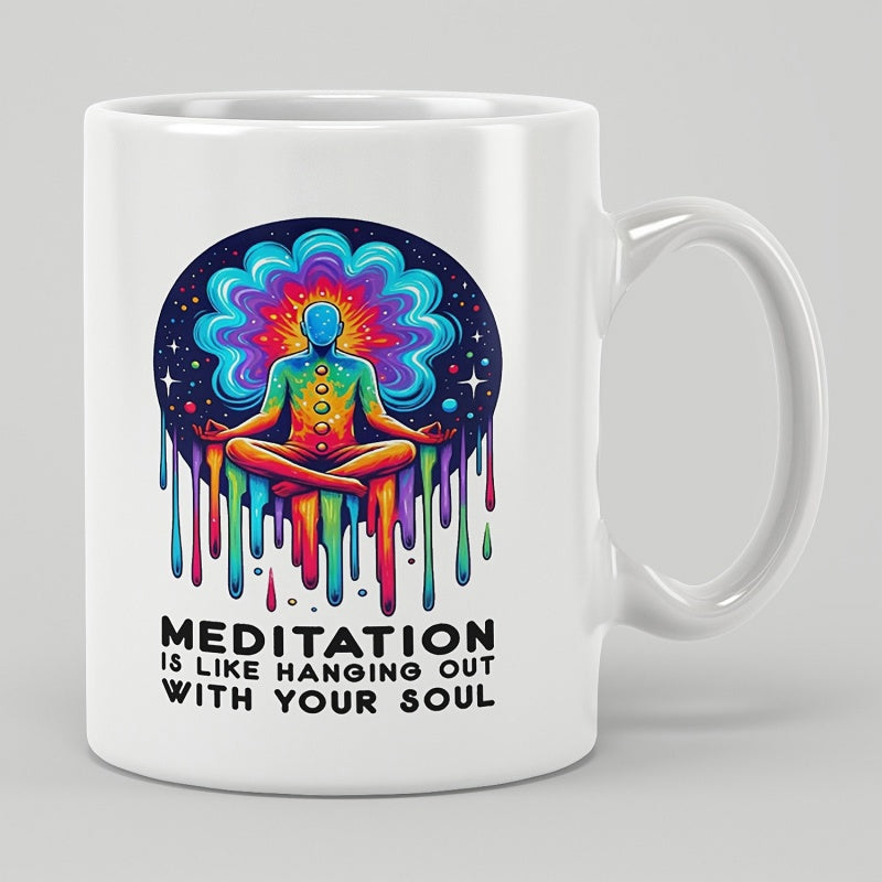 Tailorly White Ceramic 11 oz Mug - Meditation Is Like Hanging Out With Your Soul Colorful Rainbow Silhouette Floating Amidst Celestial Stars With Vibrant Dripping