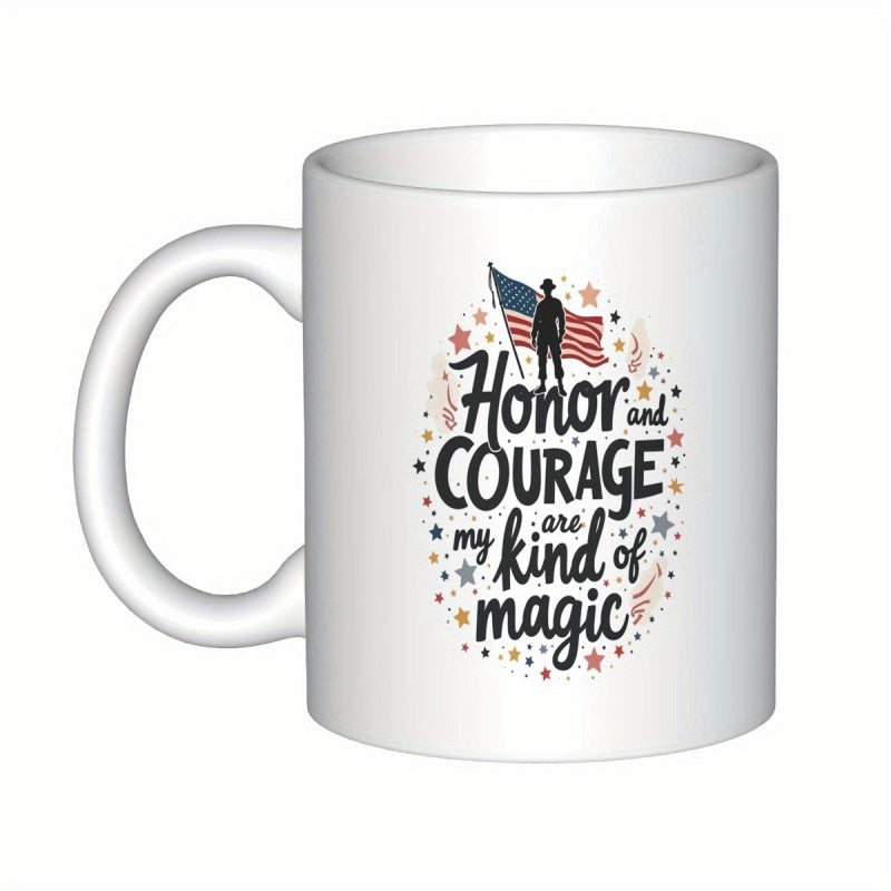 Tailorly White Ceramic 11 oz Mug - Honor And Courage Are My Kind Of Magic American Flag With Silhouette Of Brave Soldier Standing Among Scattered Stars Soldier