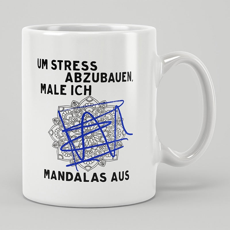 Tailorly White Ceramic 11 oz Mug - Intricate Geometric Pattern Overlaid With Energetic Blue Abstract Scribble Lines Mandala