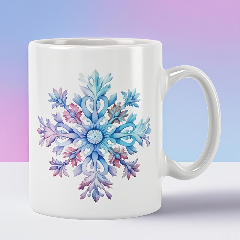 Tailorly White Ceramic 11 oz Mug - Intricate Watercolor Blue And Purple Floral Pattern Arranged In A Symmetrical Snowflake