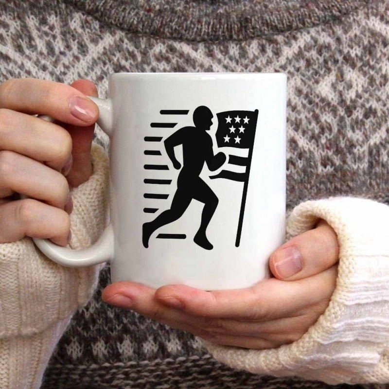Tailorly White Ceramic 11 oz Mug - Patriotic Athlete Silhouette Running Fast Carrying A United States Flag Runner