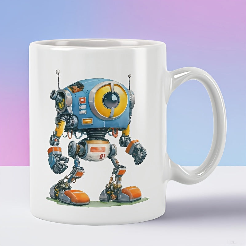 Tailorly White Ceramic 11 oz Mug - Mechanical Blue Industrial Style With Large Yellow Eye And Orange Accents Robot