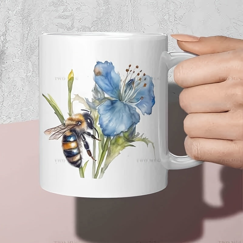 Tailorly White Ceramic 11 oz Mug - Watercolor Honey Bee Hovering Near A Vibrant Blooming Blue Wildflower Bee