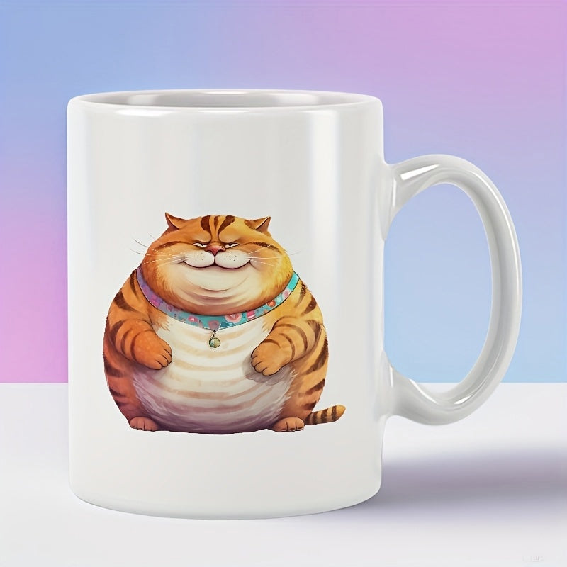Tailorly White Ceramic 11 oz Mug - Round Fat Orange Tabby Character Smiling In A Sitting Pose Cat