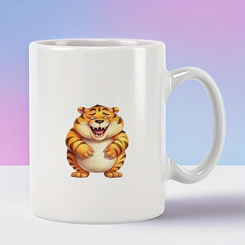 Tailorly White Ceramic 11 oz Mug - Chubby Cartoon Standing With A Wide Laughing Expression And Stripes Tiger