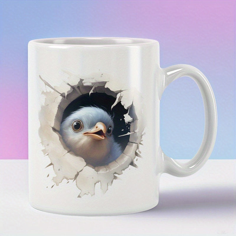 Tailorly White Ceramic 11 oz Mug - Vibrant Blue Chick Peeking Through A Realistic White Cracked Wall Bird