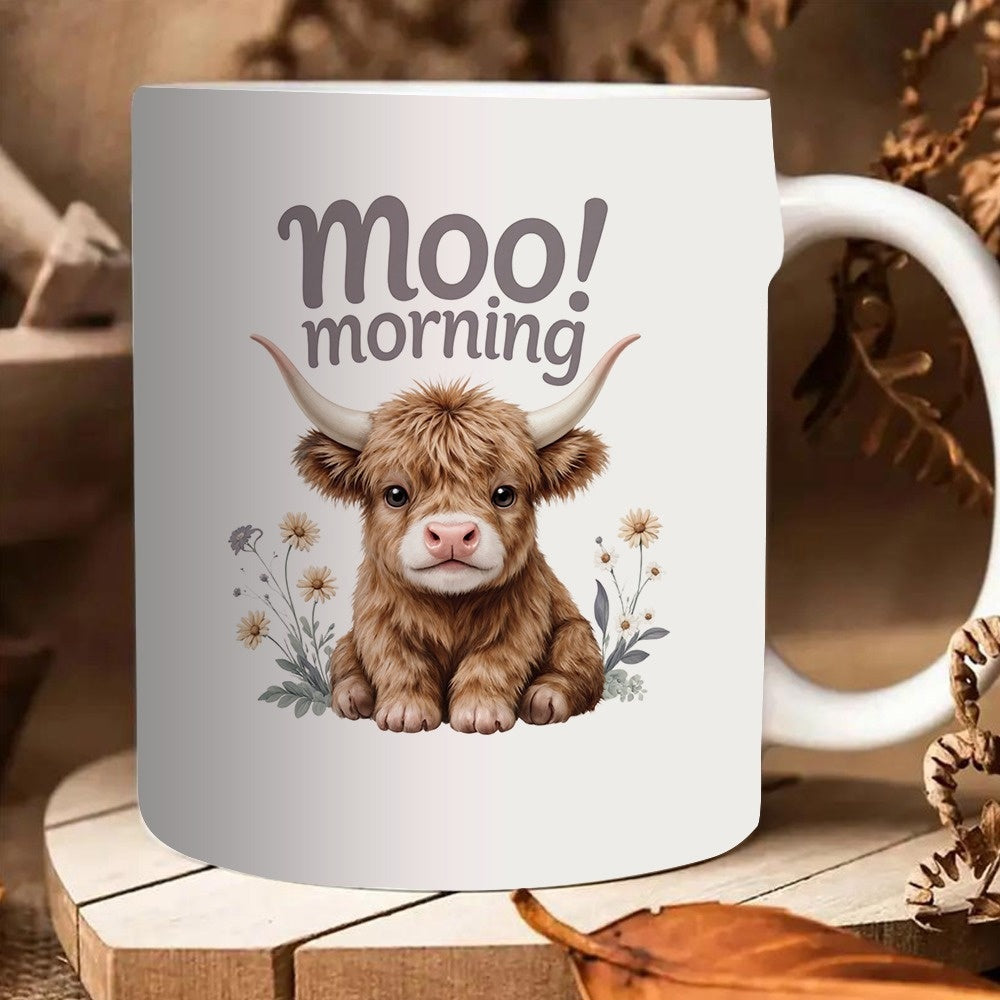 Tailorly White Ceramic 11 oz Mug - Moo Morning Adorable Fluffy Brown Highland Calf Sitting Among Wild Spring Daisies Cow