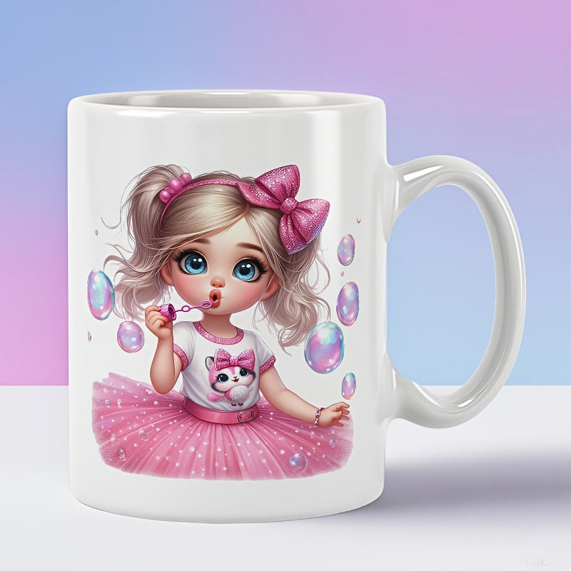 Tailorly White Ceramic 11 oz Mug - Adorable Young Princess Blowing Iridescent Bubbles Wearing Pink Tutu And Bow Girl