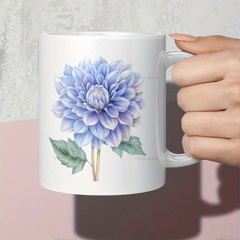 Tailorly White Ceramic 11 oz Mug - Elegant Blooming Blue Dahlia With Soft Purple Petals And Green Leaves Flower