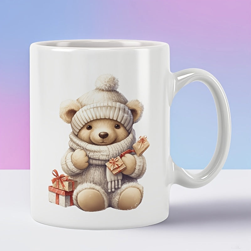 Tailorly White Ceramic 11 oz Mug - Fluffy Teddy Bear Wearing Knitted Winter Accessories Sitting Among Wrapped Presents Bear