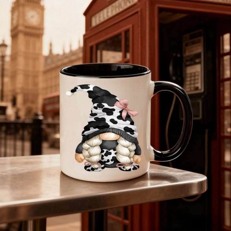 Tailorly Black Accent 11 oz Mug - whimsical gnome illustration cow print hat blonde pigtails
