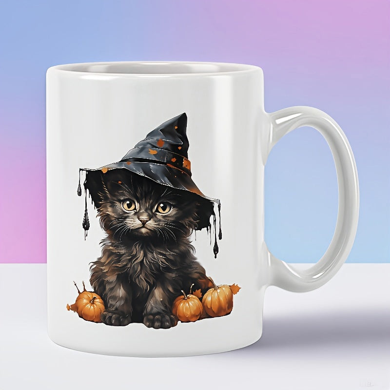 Tailorly White Ceramic 11 oz Mug - Adorable Fluffy Black Halloween Witch Hat Among Small Autumn Harvest Kitten