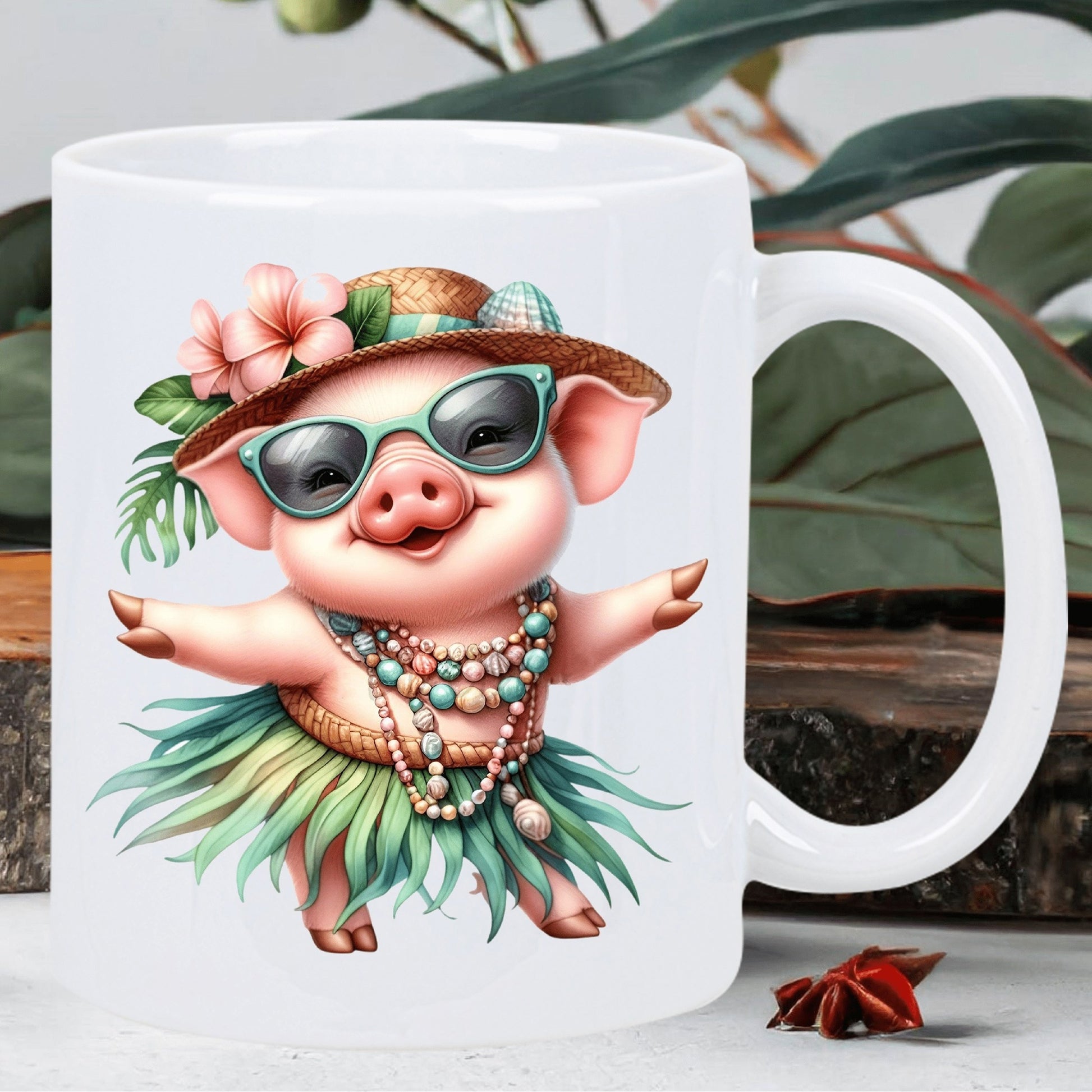Tailorly White Ceramic 11 oz Mug - Adorable Pink Tropical Hula Style Wearing Straw Hat And Sunglasses Pig