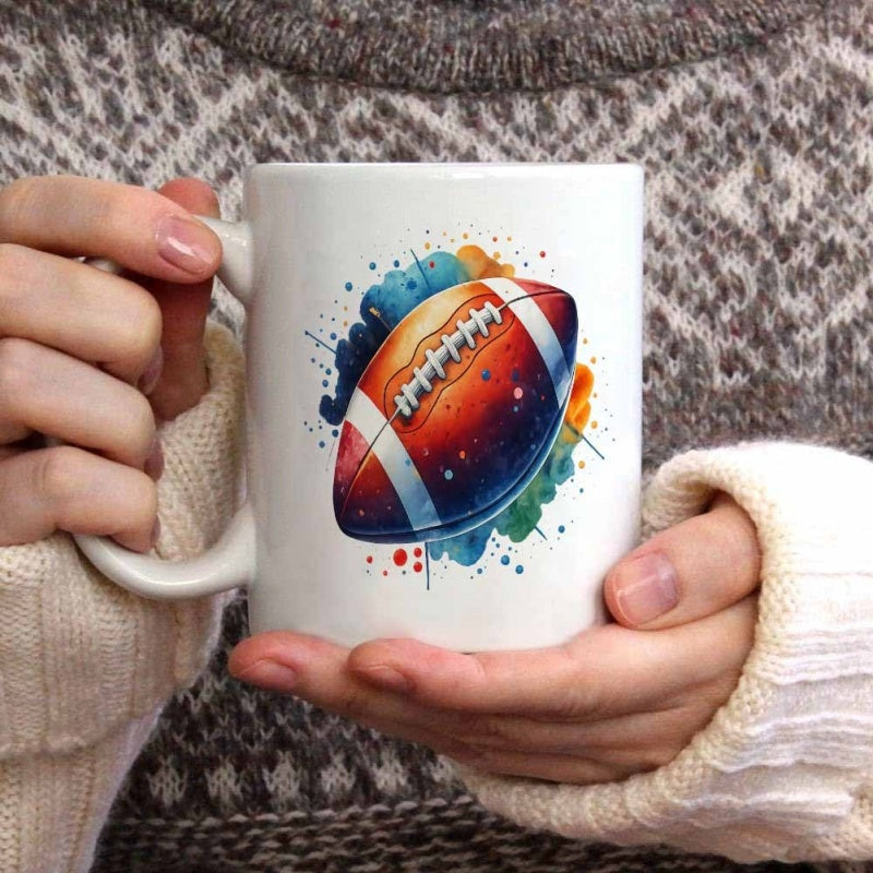 Tailorly White Ceramic 11 oz Mug - Vibrant Watercolor Splash With Artistic Details Surrounding A Textured American Football