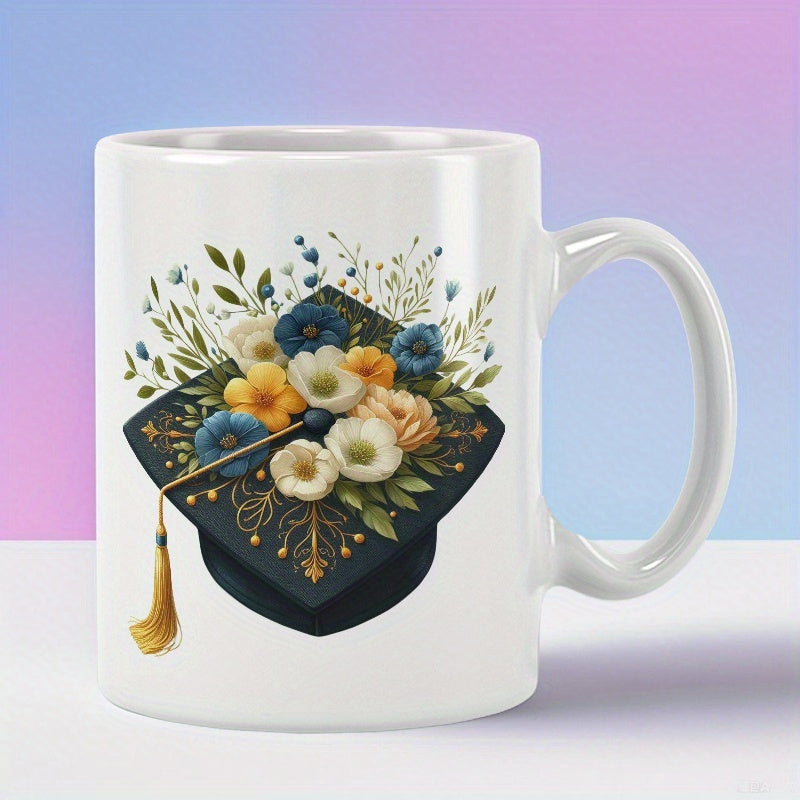 Tailorly White Ceramic 11 oz Mug - Elegant Dark Graduation Cap Decorated With Vibrant Blooming Flowers And Tassel Mortarboard