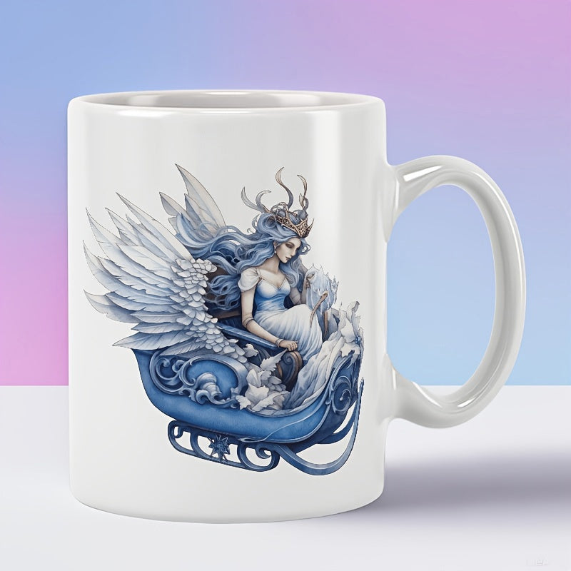 Tailorly White Ceramic 11 oz Mug - Majestic Wings Resting On Ornate Blue Sleigh With Long Flowing Hair Ice Queen