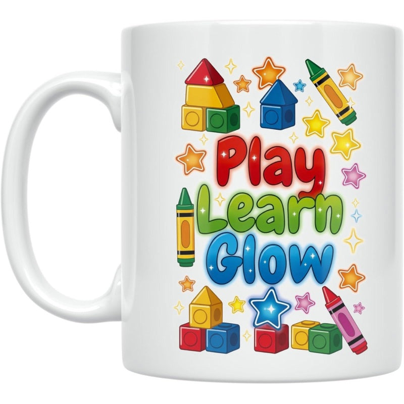 Tailorly White Ceramic 11 oz Mug - Play Learn Glow Colorful Building Blocks And Crayons Surrounded By Shining Stars Block