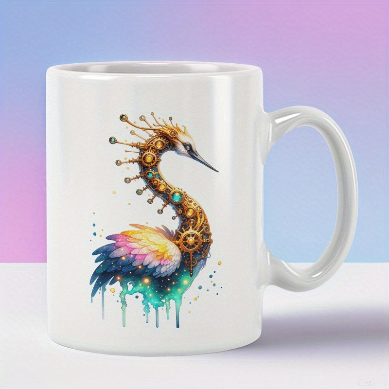 Tailorly White Ceramic 11 oz Mug - Ornate Steampunk Style With Golden Mechanical Gears And Colorful Feathers Crane