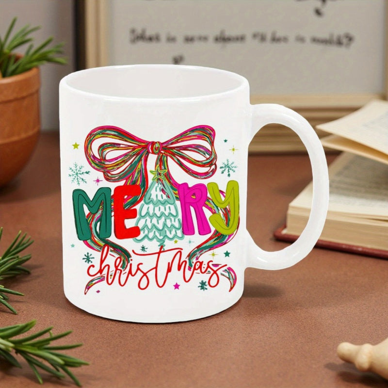 Tailorly White Ceramic 11 oz Mug - Merry Christmas Colorful Festive Ribbon Bow With Stylized Tree And Decorative Snowflakes Mug