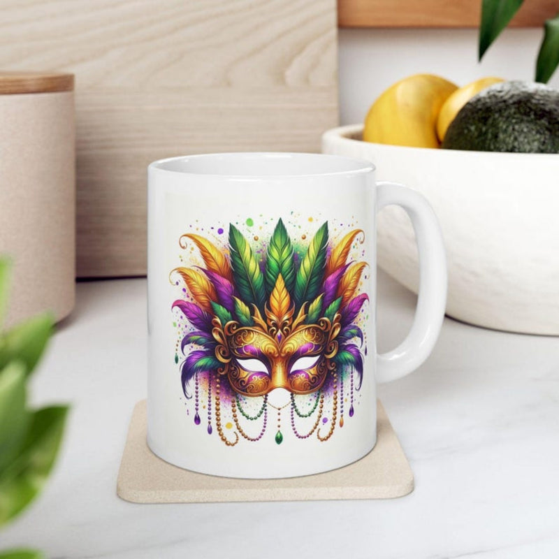 Tailorly White Ceramic 11 oz Mug - Ornate Vibrant Mardi Gras Carnival Style With Colorful Feathers And Beads Mask