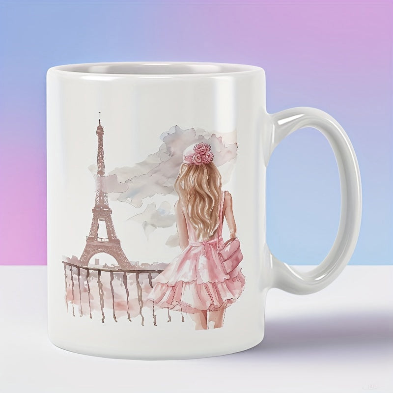 Tailorly White Ceramic 11 oz Mug - Elegant Fashion Girl In Pink Dress Admiring The Scenic Eiffel Tower