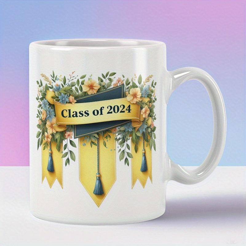 Tailorly White Ceramic 11 oz Mug - Class Of 2024 Floral Arrangement With Golden Graduation Ribbon And Elegant Hanging Tassels Decorative Mug