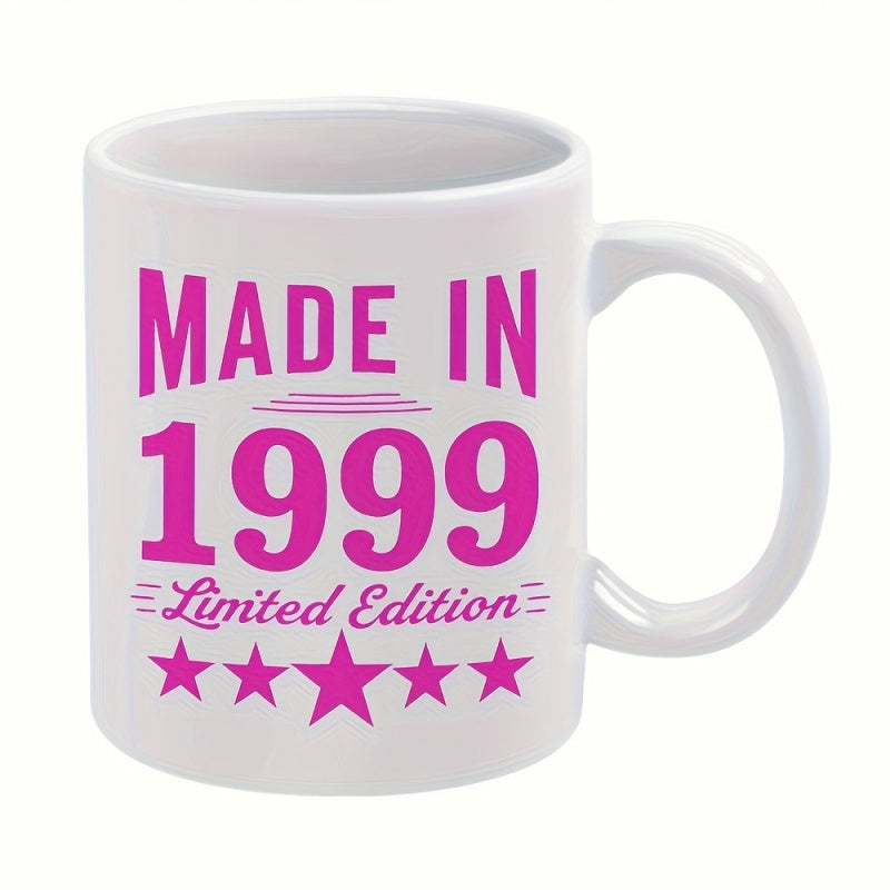 Tailorly White Ceramic 11 oz Mug - Made In 1999 Limited Edition Minimalist Pink Typographic Design Featuring Five Decorative Stars Mug