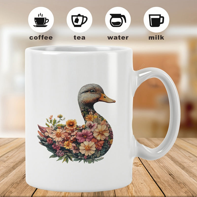 Tailorly White Ceramic 11 oz Mug - Coffee Tea Water Milk Beautiful Garden Flowers Arranged Within A Graceful Sitting Wildlife Bird Duck