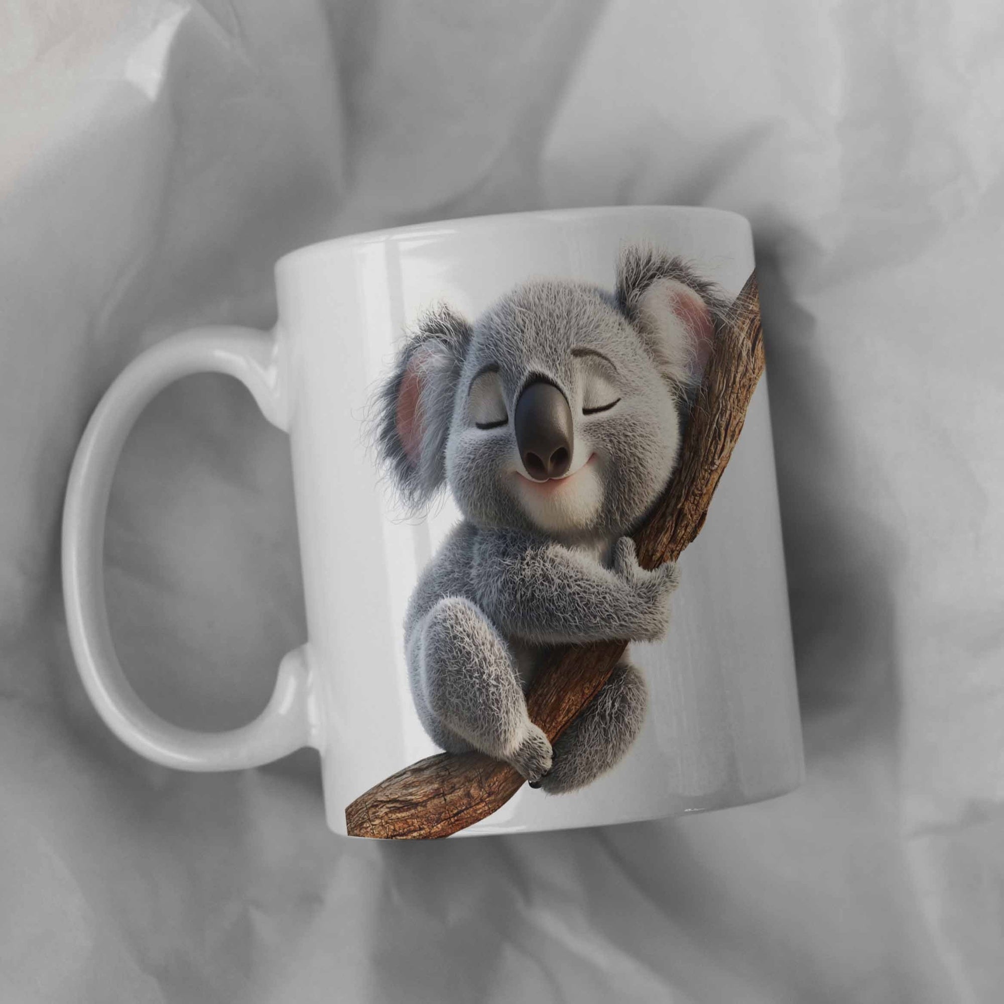 Tailorly White Ceramic 11 oz Mug - Adorable Fluffy Animated Style Creature Sleeping Peacefully While Hugging A Tree Koala