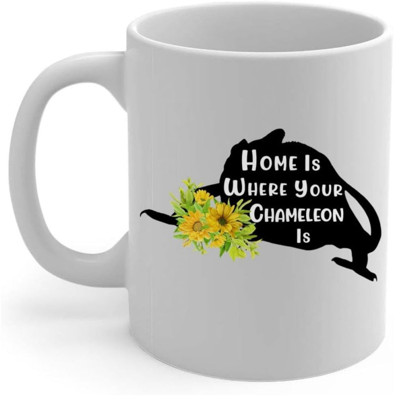 Tailorly White Ceramic 11 oz Mug - Home Is Where Your Chameleon Is Dark Silhouette With Blooming Yellow Sunflowers And Green Leaves Chameleon