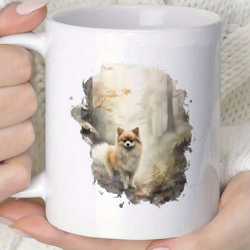 Tailorly White Ceramic 11 oz Mug - Artistic Watercolor Forest Scene Featuring A Fluffy Small Brown And White Pomeranian