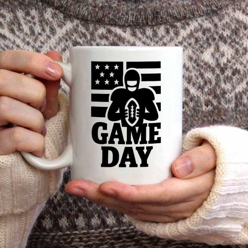 Tailorly White Ceramic 11 oz Mug - Game Day Patriotic American Flag Background With Silhouette Of An Athletic Player