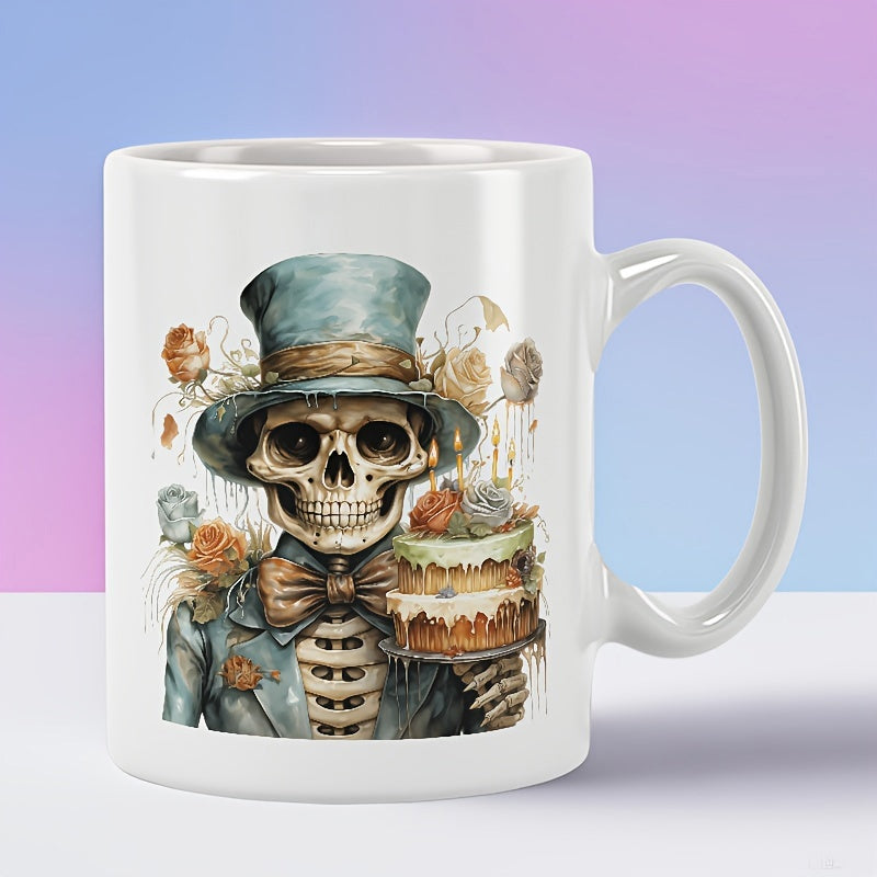 Tailorly White Ceramic 11 oz Mug - Vintage Styled Dapper Figure Wearing Top Hat Holding Festive Birthday Cake Skeleton