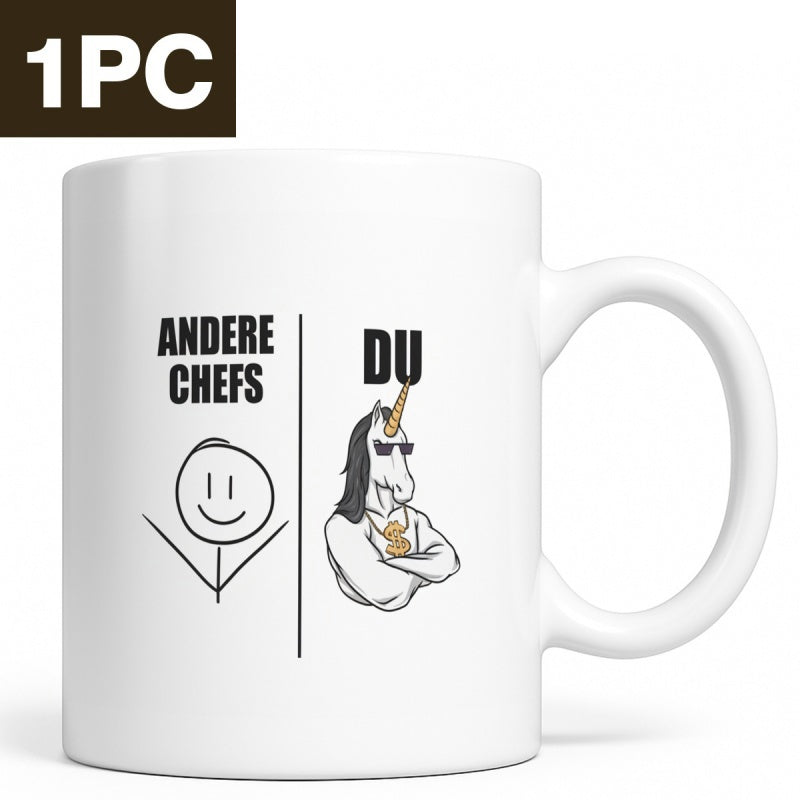 Tailorly White Ceramic 11 oz Mug - Strong Muscular Character Wearing Sunglasses And A Suit Beside Simple Stick Figure Unicorn