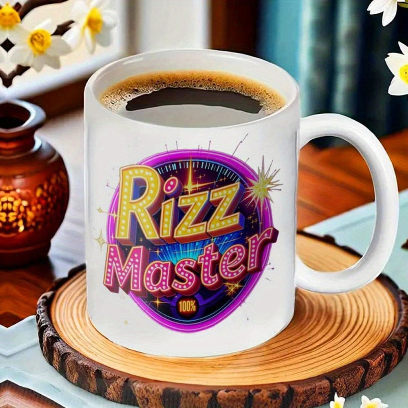 Tailorly White Ceramic 11 oz Mug - Rizz Master Vibrant Purple Galaxy Circle Featuring Vintage Marquee Lights With Sparkling Golden Stars Mug