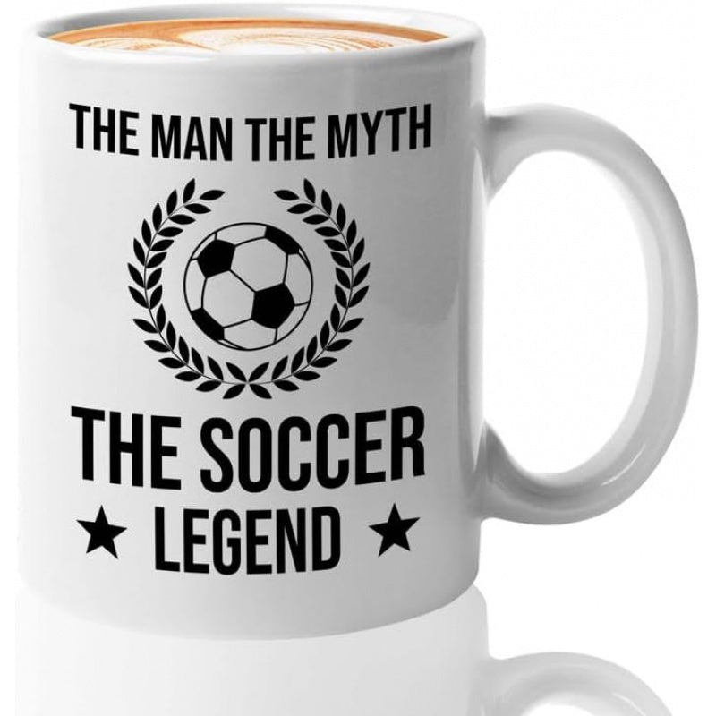 Tailorly White Ceramic 11 oz Mug - The Man The Myth The Soccer Legend Iconic Soccer Ball Nested Inside Circular Laurel Wreath With Two Stars Soccer Ball